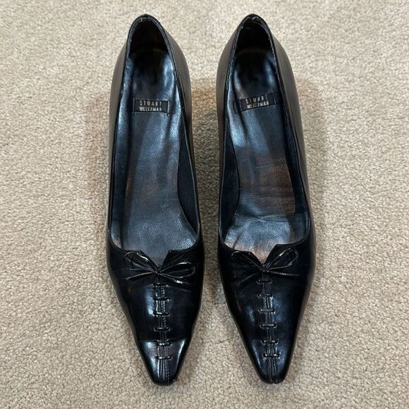 Stuart Weitzman Black Leather Kitten Heel Bow Vintage Pointed Toe Women 8.5B - Picture 2 of 12